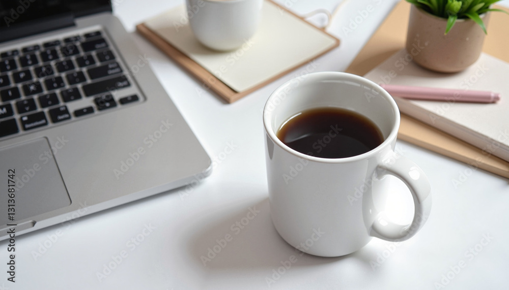 A coffee mug mockup featuring a white ceramic cup placed beside a laptop and notepad on a wooden desk. Ideal for office branding and cozy workspace presentations. A coffee mug mockup featuring a white ceramic cup placed beside a laptop and notepad on a wooden desk. Ideal for office branding and cozy workspace presentations.