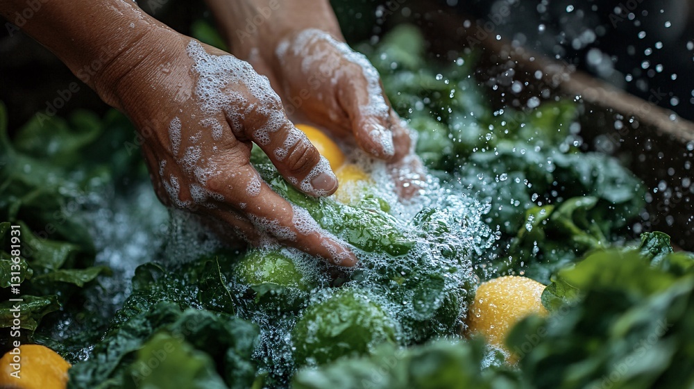 Fototapeta premium Hands Washing Vegetables With Water And Soapy Bubbles