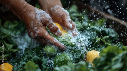 Hands Washing Vegetables With Water And Soapy Bubbles