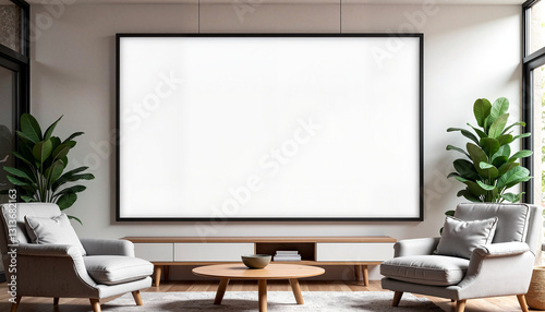 A digital frame mockup featuring a large blank screen in a cozy  modern living room with neutral tones. Ideal for branding  interior decor presentations  and advertising mockups.