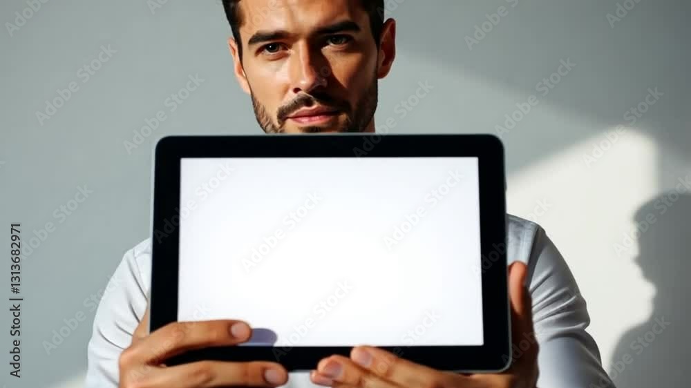 man holding an ipad with plain white screen footage man holding an ipad with plain white screen footage