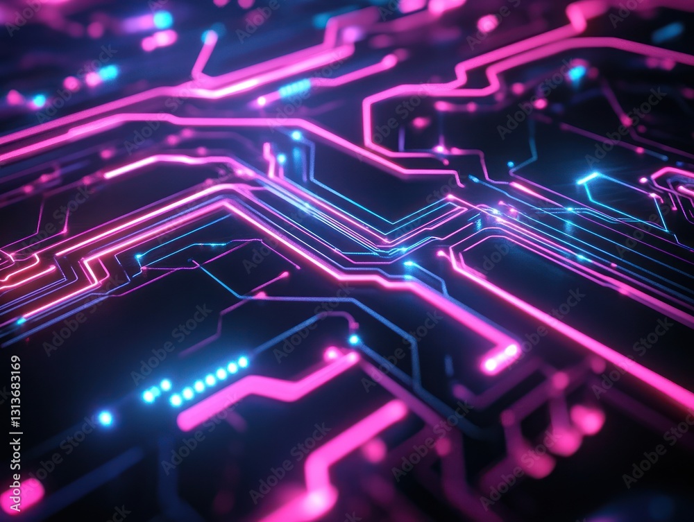 Fototapeta premium Glowing Circuit Board, Abstract Tech Background, Neon Lights, Digital Design