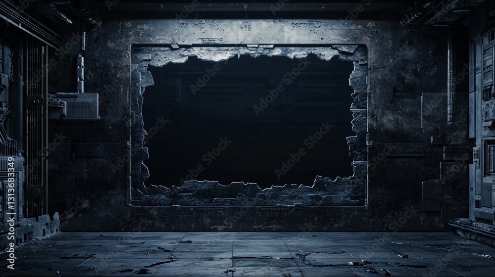 Futuristic sci fi interior with a large broken wall opening to darkness, industrial cyberpunk atmosphere with metallic details Futuristic sci fi interior with a large broken wall opening to darkness, industrial cyberpunk atmosphere with metallic details