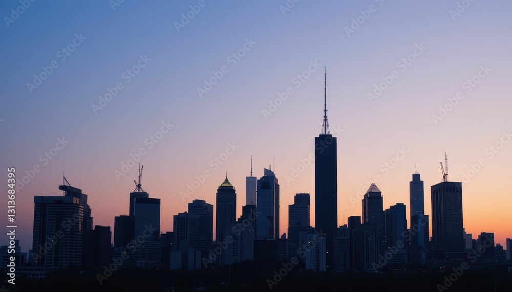 Fototapeta premium Urban Skyline Silhouette Against Twilight Sky with Towering Skyscrapers