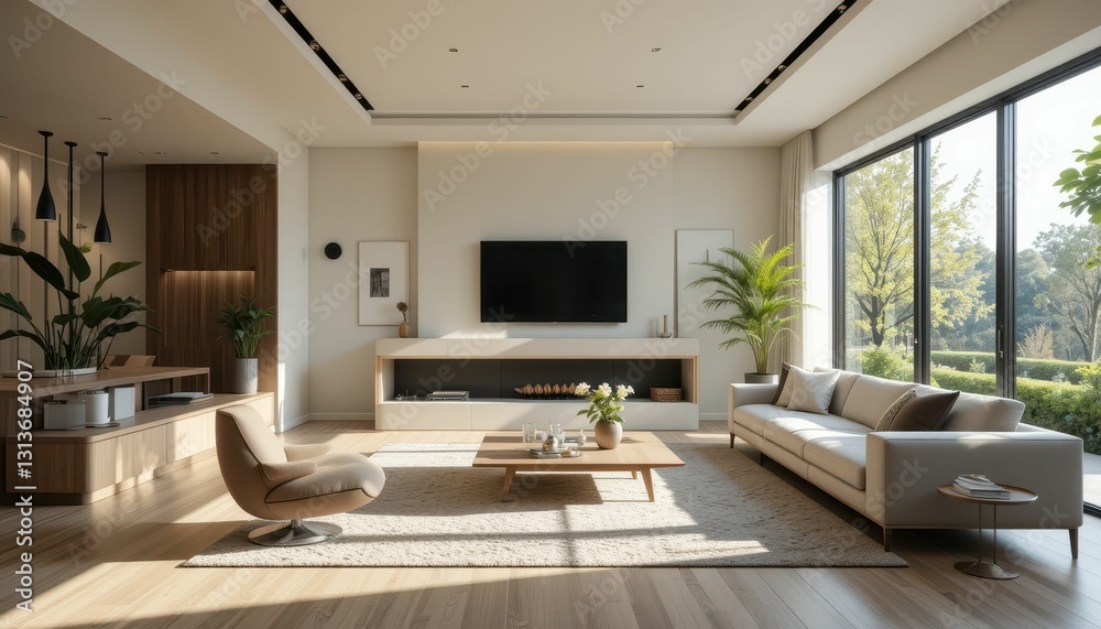 Fototapeta premium Modern Living Room with Bright Natural Light and Minimalist Design