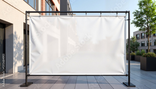 A blank white mesh banner mockup displayed on a metal frame in an outdoor urban courtyard. The industrial surroundings create a modern, professional setting for event branding advertising. photo