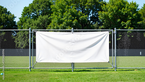 A horizontal mesh banner mockup secured to a fence on a sports field. The open grassy landscape makes it an excellent choice for athletic events, corporate sponsorships
