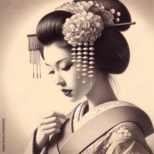 Wallpaper Mural Geisha portrait in silverpoint portrait drawing style with Generative AI. Torontodigital.ca