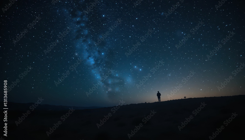 Fototapeta premium Night Sky Wonder: A Solitary Figure Gazes at Starry Universe