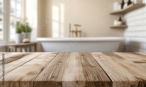 Rustic wooden tabletop in a bright bathroom with a bathtub and soft natural light illuminating the space creating a serene atmosphere