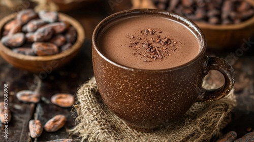 Cozy cup of luxurious hot chocolate crafted with fine ecuadorian cacao set against a clean background for visual appeal
