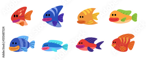 set of colorful fishes cartoon