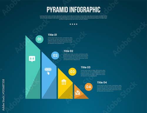 pyramid or funnel template infographic with pyramid triangle with circle on top with 4 point dark background style for slide presentation