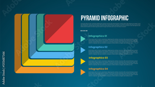 pyramid or funnel template infographic with creative square pyramid with layer and arrow stacked list with 4 point dark background style for slide presentation