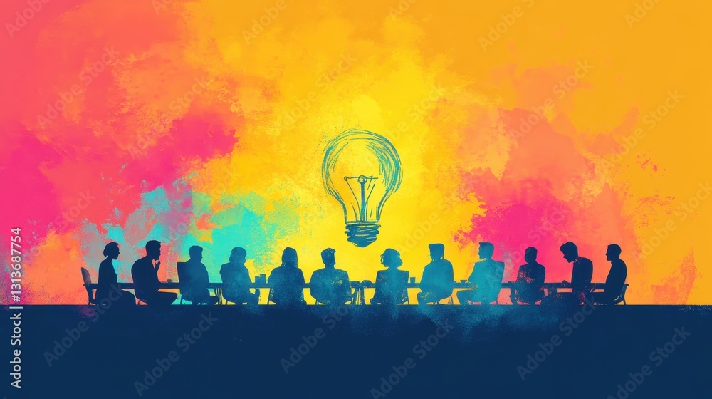 Fototapeta premium Creative team collaboration meeting with vibrant light bulb symbol in background
