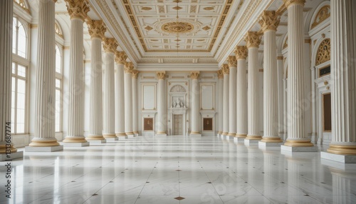 Majestic Interior of Grand Hall with Tall Decorative Columns