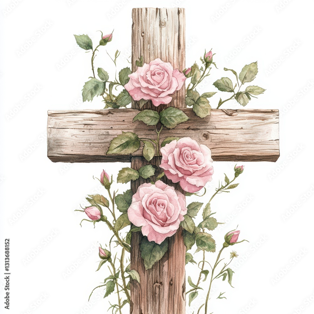 Φωτογραφία Watercolor wooden Christian cross with pink roses isolated on white background