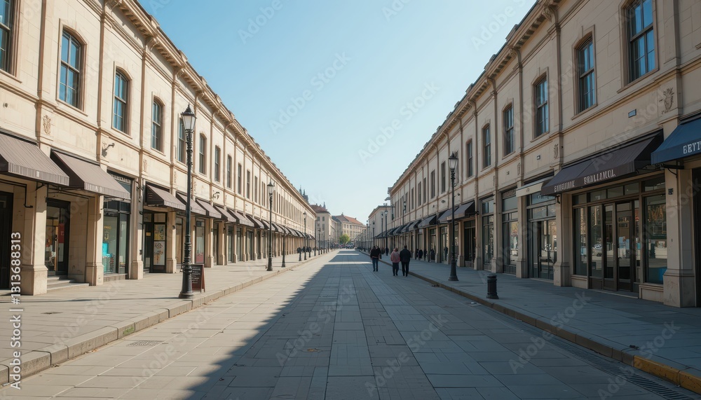 Fototapeta premium Serene Empty Street with Classic Architecture and Clear Blue Sky