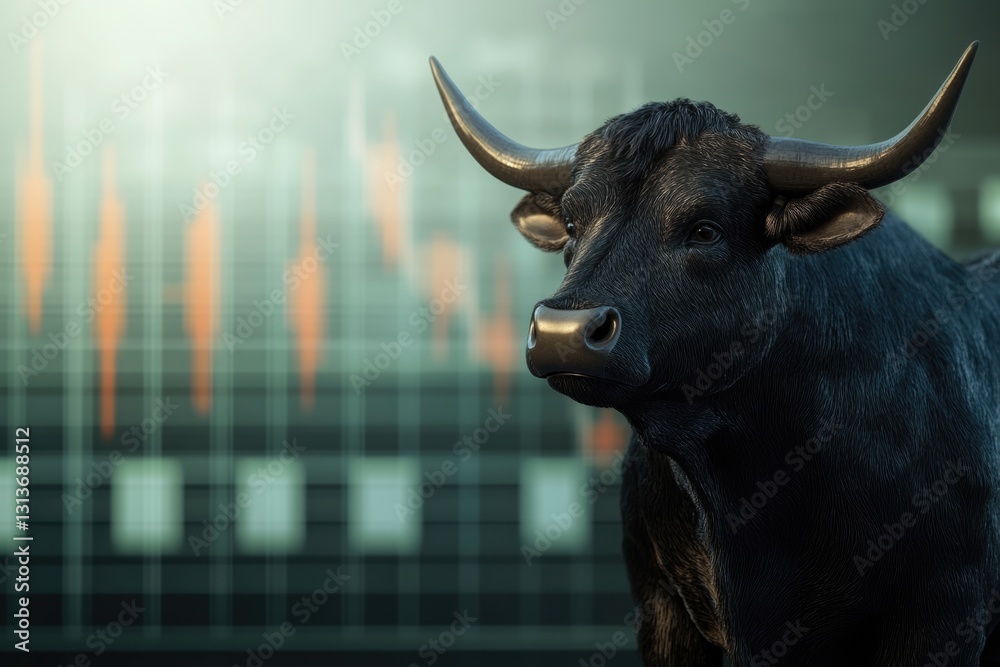 Naklejka premium A bull with large horns, possibly a symbol of strength or power.