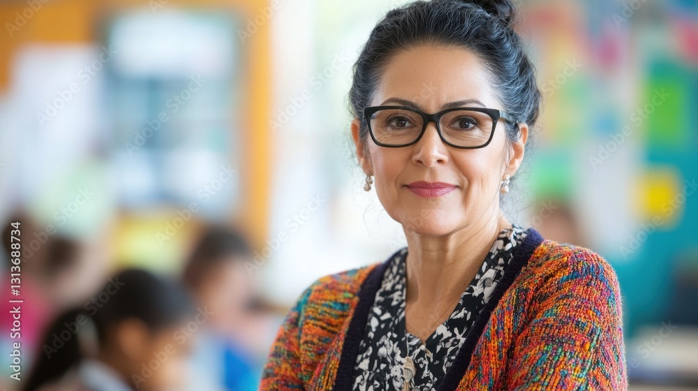 A middle-aged Hispanic female teacher exudes confidence in a vibrant classroom, showcasing her dedication to education and mentorship in a diverse learning environment. A middle-aged Hispanic female teacher exudes confidence in a vibrant classroom, showcasing her dedication to education and mentorship in a diverse learning environment.