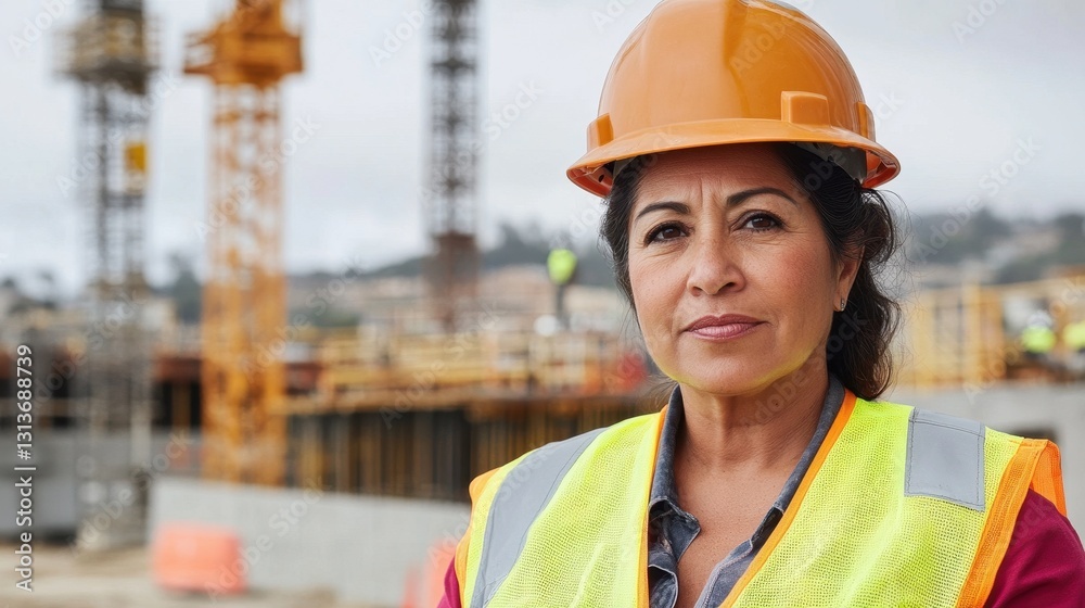 A portrait of a confident middle-aged Latina woman at a construction site, showcasing her professional role in the industry with safety gear and determination. A portrait of a confident middle-aged Latina woman at a construction site, showcasing her professional role in the industry with safety gear and determination.