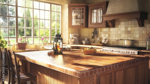 A kitchen island with a subway-tiled base in warm terracotta hues.