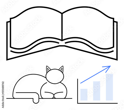 Open book symbolizing knowledge, cat portraying calmness, and upward bar graph indicating progress. Ideal for education, learning, personal growth, analytics, mindfulness, productivity lifestyle