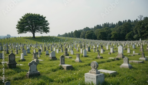 Peaceful Cemetery Landscape with Lush Green Grass and Tree