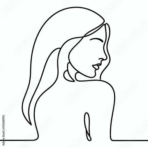 Woman posing gracefully in side profile with a minimalist outline on a simple background with copy space