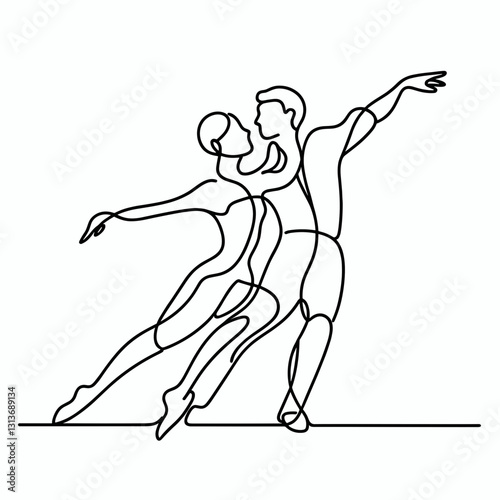 Couple performing a duet elegantly in a synchronized dance pose on a minimalist background with copy space