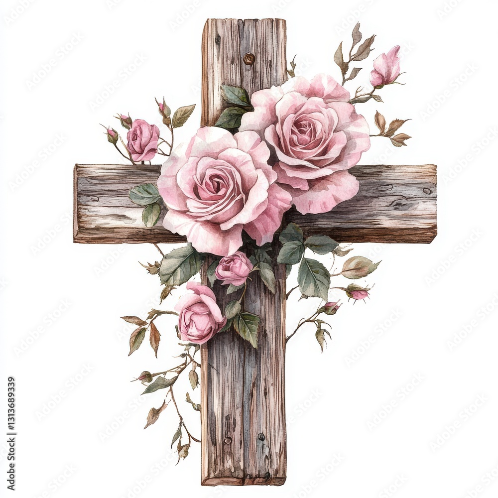 Φωτογραφία Watercolor wooden Christian cross with pink roses isolated on white background