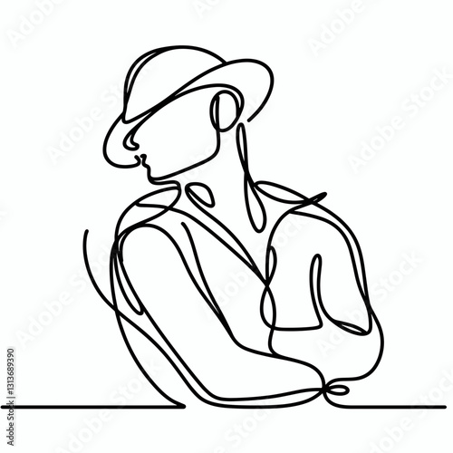 Stylish man wearing a hat and posing thoughtfully in a minimalist line art style against a light background