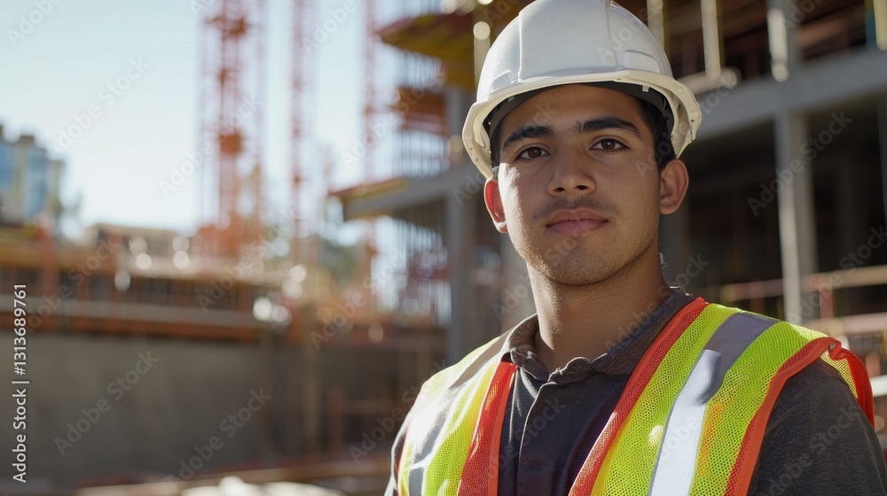Naklejka premium A portrait of a young Hispanic male construction worker wearing safety gear on a job site, portraying confidence and dedication in the construction industry.