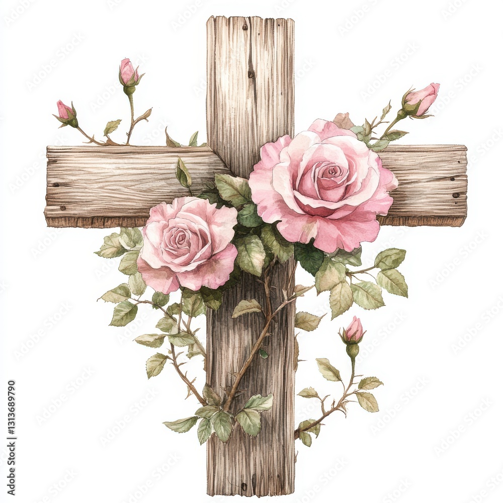 Φωτογραφία Watercolor wooden Christian cross with pink roses isolated on white background