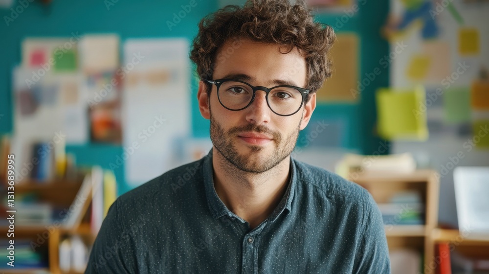 Obraz premium A youthful European male teacher wearing glasses engages with students in a classroom setting, embodying professionalism and a supportive atmosphere focused on learning.