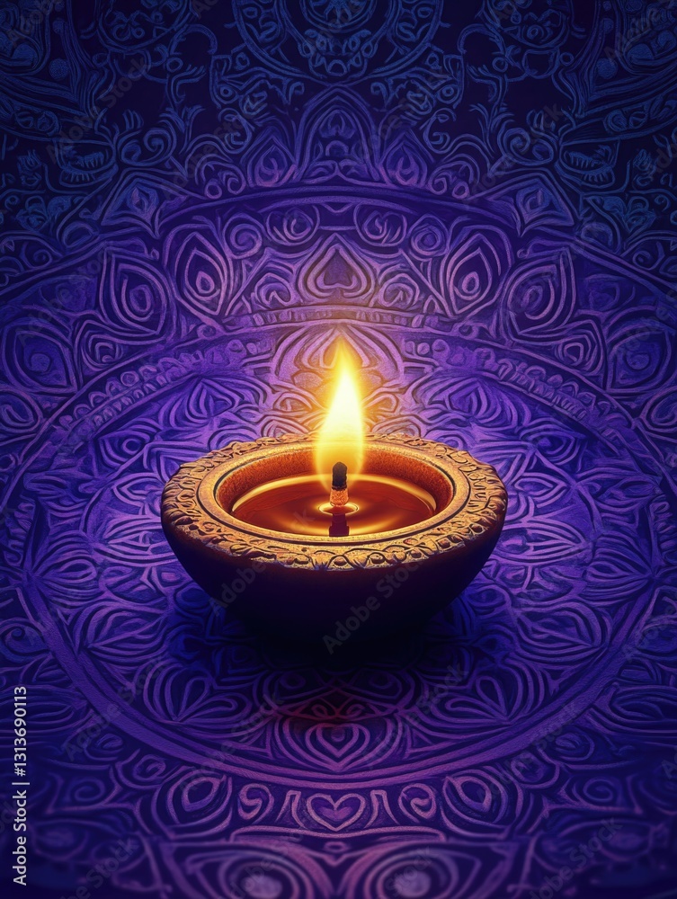 Indian religious ritual with lit candle placed in clay lamp on purple and gold patterned cloth. Indian religious ritual with lit candle placed in clay lamp on purple and gold patterned cloth.