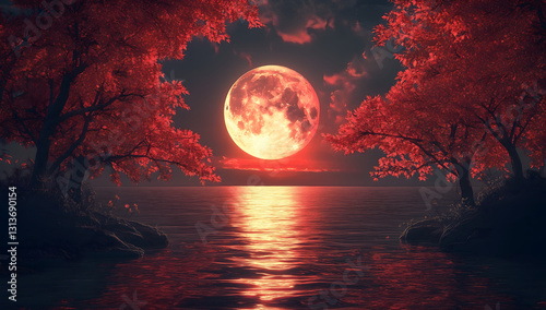 Blood moon glowing over dramatic tree silhouettes and lake, night view, red glowing moon, red trees and lake with moon light, landscape background