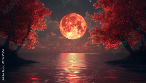 Blood moon glowing over dramatic tree silhouettes and fiery red clouds in a dark sky ,red moon, moon, background, landscape, red tress