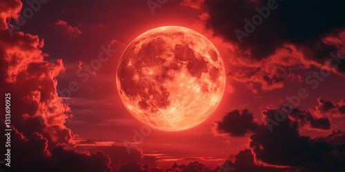 A vibrant red moon illuminates a stormy ocean landscape, Blood moon glowing over dramatic fiery red clouds in a dark sky, big moon, red glowing moon