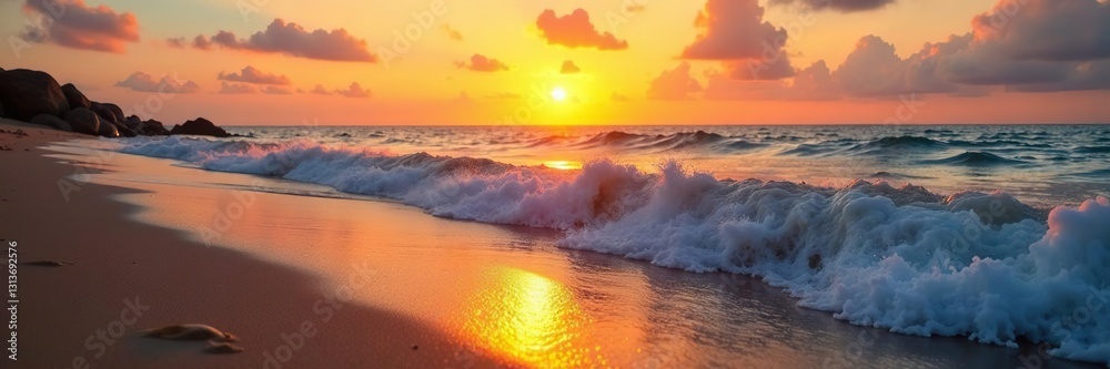 Fototapeta premium Peaceful sunset; gentle waves shimmer with reflected sunlight on the sand , ocean, reflection, sunset