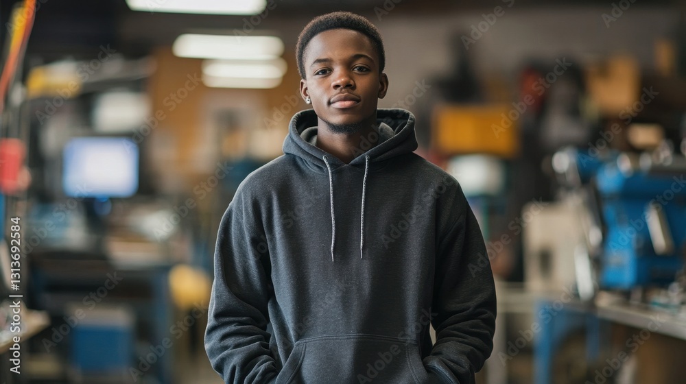 Fototapeta premium A portrait of a young Black man in his early 20s, dressed casually in a hoodie, standing confidently in an indoor workshop setting, radiating positivity.