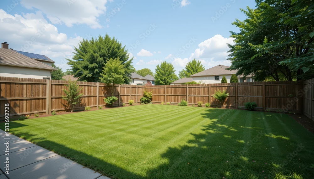 Obraz premium Lush Green Backyard Oasis with Well-Manicured Lawn and Fence