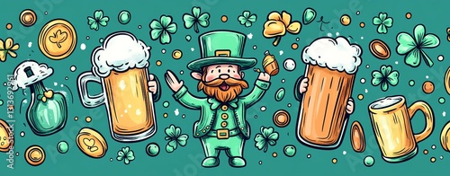 Cheerful leprechaun celebrating with beer.