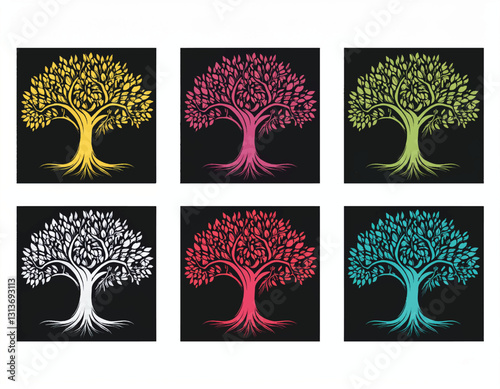 Firefly Set of Colourful and black banyan tree combo Package collection, Logo Icon Vector