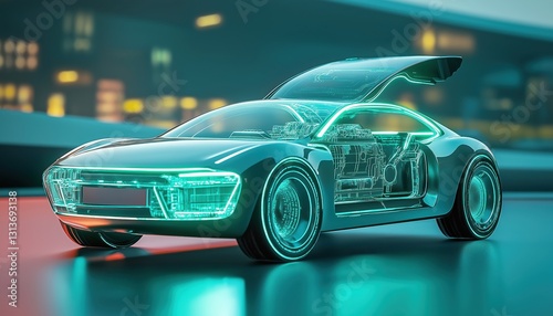Green Innovation Transparent Electric Car with Neon Glow in Cityscape
