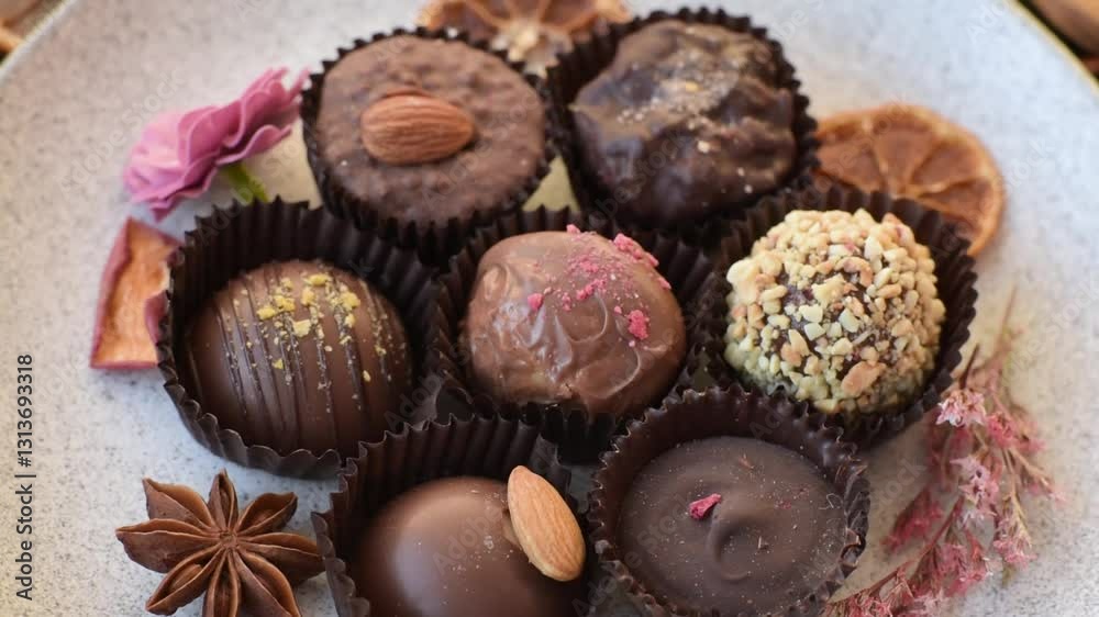 Homemade chocolate candies with different fillings and sprinkles on a dark concrete background Homemade chocolate candies with different fillings and sprinkles on a dark concrete background