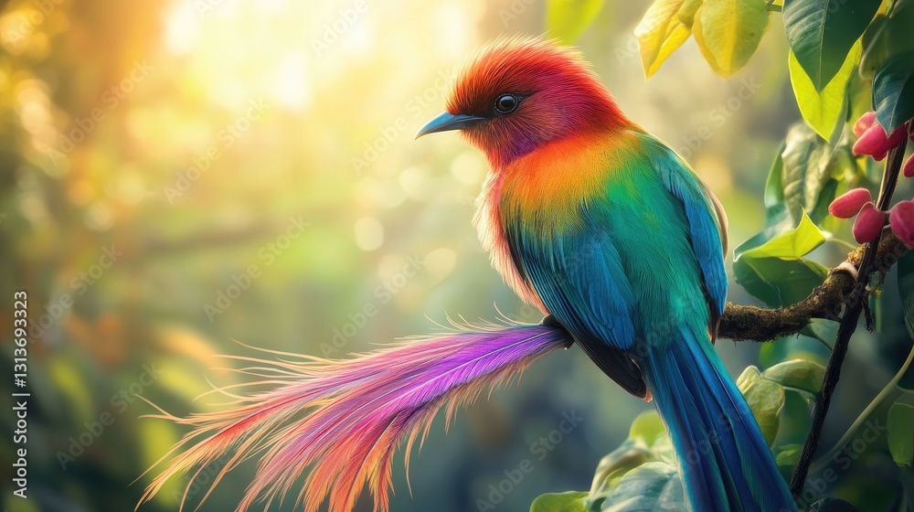 Vibrant Colorful Bird with Bright Plumage Perched on a Branch in a Lush Forest Setting Vibrant Colorful Bird with Bright Plumage Perched on a Branch in a Lush Forest Setting