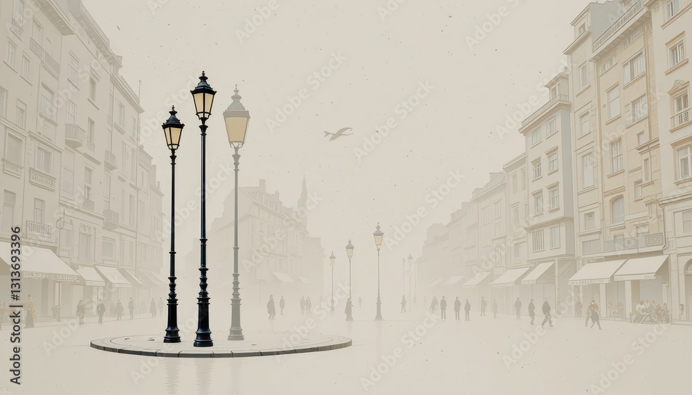 Obraz premium Serene Winter Street Scene with Vintage Street Lamps and Soft Fog