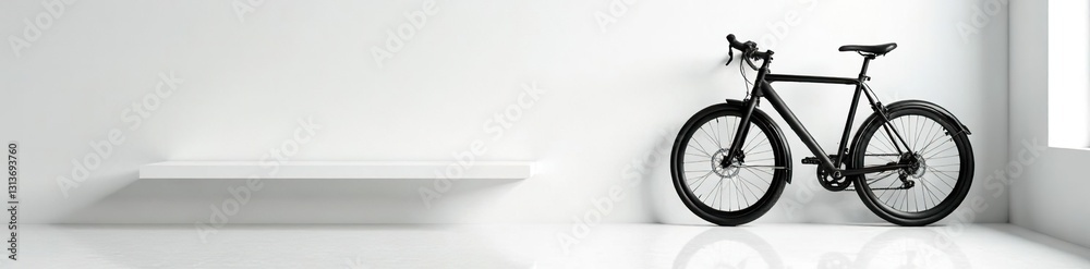 Black matte bicycle beside floating shelf, white walls, cycle, minimalist Black matte bicycle beside floating shelf, white walls, cycle, minimalist