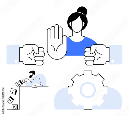 Woman raising hand to halt conflicts, man stabilizing falling risk blocks, gear symbolizing strategy execution. Ideal for conflict resolution, risk management, team dynamics, leadership